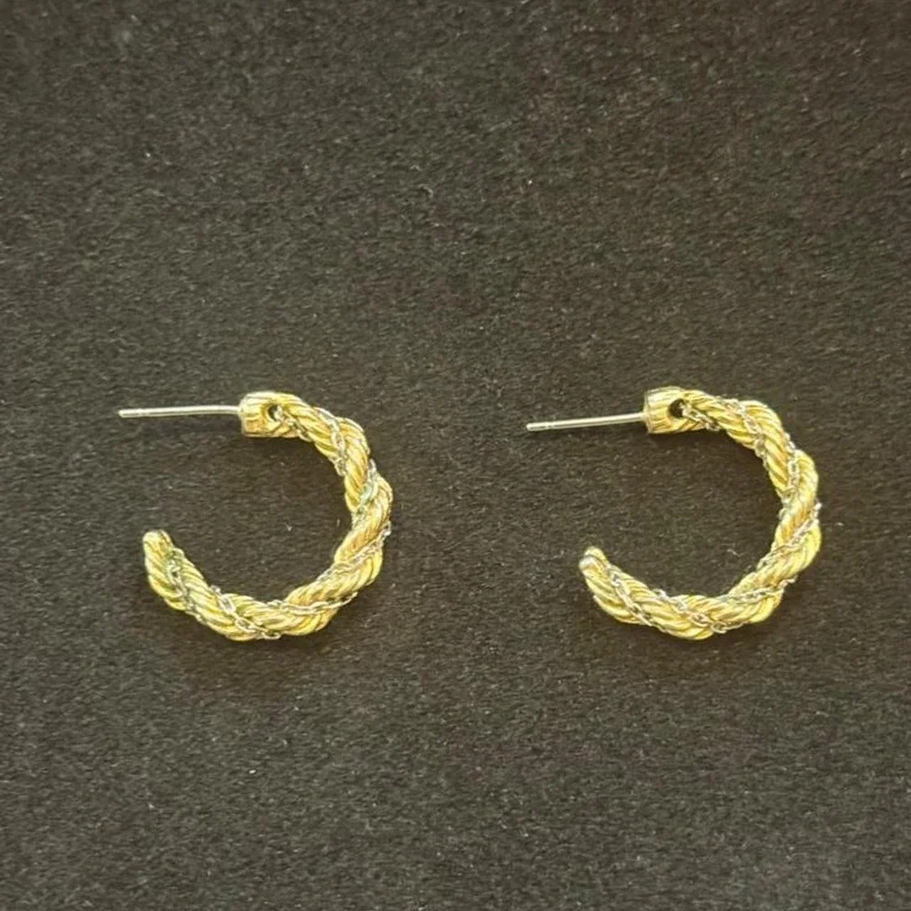 Two-tone Twisted Gold & Steel Hoop Earrings with braided texture